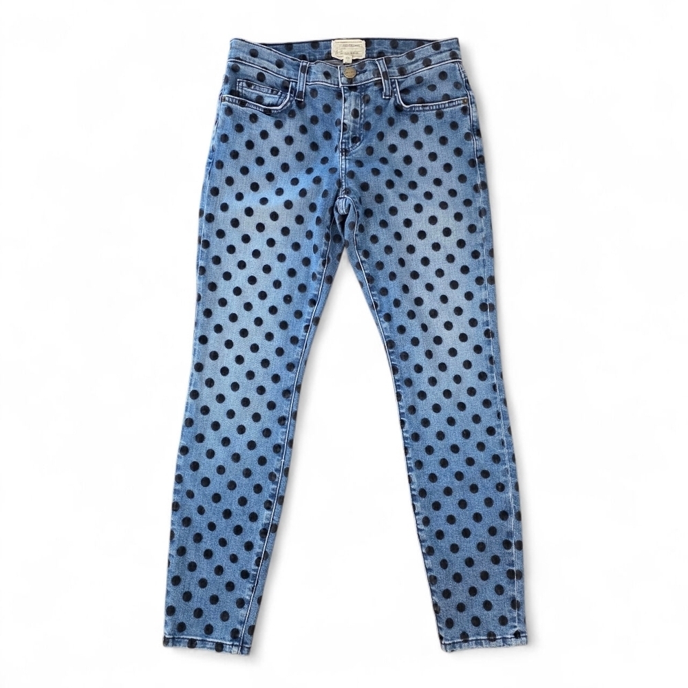 Current/Elliott The Stiletto Flocked Dot Skinny Jeans Size 27 Black Polka Dot